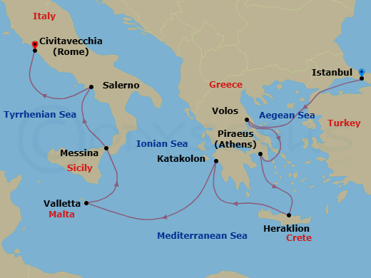 9 Night - Medieval Mediterranean - Oceania Allura - Starting in Istanbul, Volos, Athens (Piraeus), Heraklion (Crete), Katakolon, Valletta, Messina (Sicily), Salerno, Rome (Civitavecchia) itinerary map