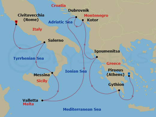 9 Night - Ancient Excavation - Oceania Vista - Starting in Athens (Piraeus), Gythion, Igoumenitsa, Kotor, Dubrovnik, Croatia, Valletta, Messina (Sicily), Salerno, Rome (Civitavecchia) itinerary map