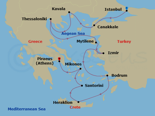 10 Night - Across the Aegean - Oceania Vista - Starting in Istanbul, Canakkale (Troy), Kavala / Philippi, Thessaloniki, Mitilini (Lesbos), Izmir, Bodrum, Heraklion (Crete), Santorini, Mykonos, Athens (Piraeus) itinerary map