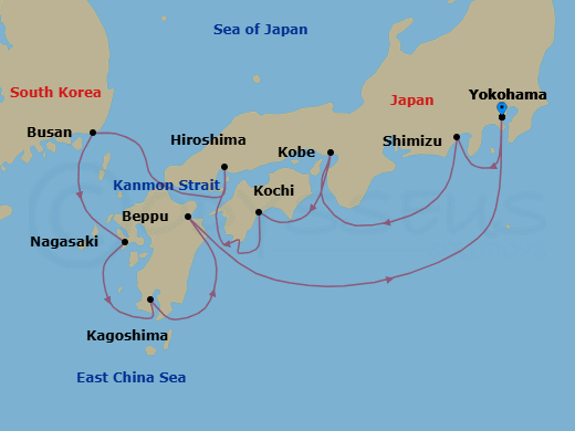 11 Night - The Shogun's Path - Oceania Riviera - Starting in Tokyo (Yokohama), Shimizu, Kyoto (Kobe), Kochi, Hiroshima, Busan, Nagasaki, Kagoshima, Beppu, Tokyo (Yokohama) itinerary map