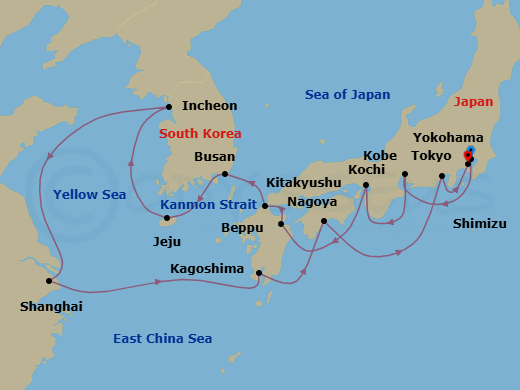 14 Night - Autumn in Asia - Oceania Riviera - Starting in Tokyo, Nagoya, Kyoto (Kobe), Beppu, Kitakyushu, Busan, Jeju, Seoul (Incheon), Shanghai, Kagoshima, Kochi, Shimizu, Tokyo (Yokohama) itinerary map