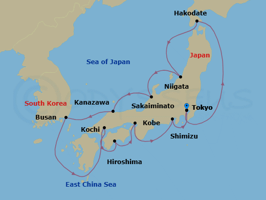 11 Night - Tales of the Orient - Oceania Riviera - Starting in Tokyo, Hakodate (Hokkaido), Niigata, Kanazawa, Sakaiminato, Busan, Hiroshima, Kochi, Kyoto (Kobe), Shimizu, Tokyo itinerary map