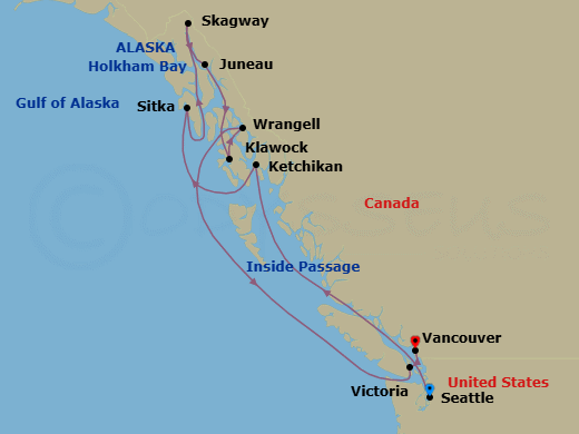 11 Night - Alaskan Dreamscapes - Oceania Riviera - Starting in Seattle, Ketchikan, Sitka, Cruising Holkham Bay Glacier Fjords, Skagway, Juneau, Klawock, Wrangell, Victoria CA, Vancouver itinerary map