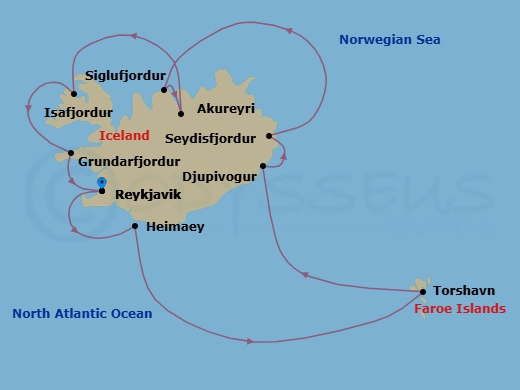 10 Night - Landscapes of a Lifetime - Oceania Insignia - Starting in Reykjavik, Heimaey, Torshavn, Faroe Islands, Djupivogur, Seydisfjordur, Siglufjordur, Akureyri, Isafjordur, Grundarfjordur, Reykjavik itinerary map
