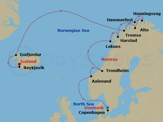 13 Night - Voyage of the Vikings - Oceania Insignia - Starting in Copenhagen, Alesund, Trondheim, Leknes (Lofoten Islands), Harstad, Hammerfest, North Cape (Honningsvag), Alta, Tromso, Isafjordur, Reykjavik itinerary map
