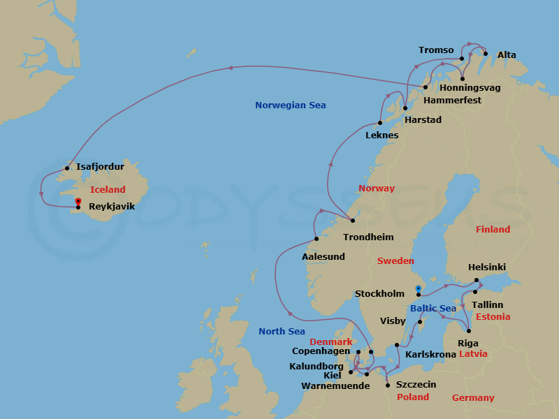 24 Night - Scandanavian Escape - Oceania Insignia - Starting in Stockholm, Helsinki, Tallinn, Riga, Visby, Sweden, Karlskrona, Szczecin, Berlin (Warnemunde), Kalundborg, Kiel, Copenhagen, Alesund, Trondheim, Leknes (Lofoten Islands), Harstad, Hammerfest, North Cape (Honningsvag), Alta, Tromso, Isafjordur, Reykjavik itinerary map