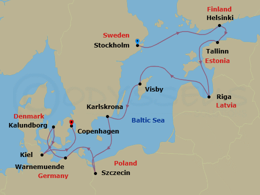 11 Night - Baltic Beauty - Oceania Insignia - Starting in Stockholm, Helsinki, Tallinn, Riga, Visby, Sweden, Karlskrona, Szczecin, Berlin (Warnemunde), Kalundborg, Kiel, Copenhagen itinerary map