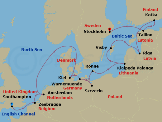 14 Night - Occidental Charms - Oceania Insignia - Starting in London (Southampton), Bruges (Zeebrugge), Amsterdam, Kiel, Berlin (Warnemunde), Szczecin, Ronne (Bornholm), Klaipeda, Visby, Sweden, Riga, Kotka, Tallinn, Stockholm itinerary map