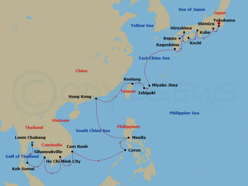 24 Night - Sand, Surf, Silk & Sushi - Oceania Riviera - Starting in Bangkok (Laem Chabang), Ko Samui, Sihanoukville, Ho Chi Minh City (Phu My), Cam Ranh, Coron, Manila, Hong Kong, Taipei (Keelung), Ishigaki, Miyakojima (Hirara), Kagoshima, Beppu, Hiroshima, Kochi, Kyoto (Kobe), Shimizu, Tokyo (Yokohama) itinerary map