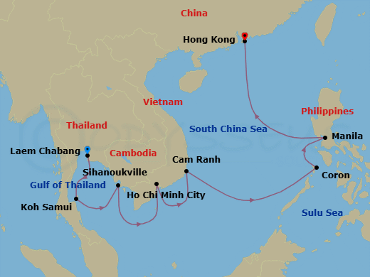 12 Night - Eastern Exotic - Oceania Riviera - Starting in Bangkok (Laem Chabang), Ko Samui, Sihanoukville, Ho Chi Minh City (Phu My), Cam Ranh, Coron, Manila, Hong Kong itinerary map