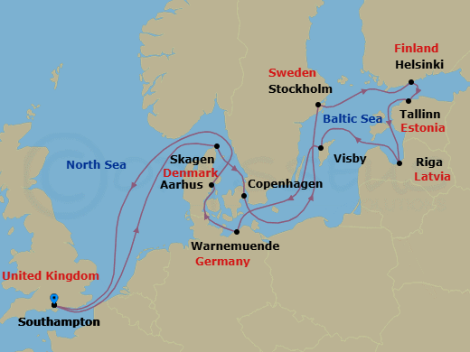 14 Night - Northern Exposure - Oceania Marina - Starting in London (Southampton), Skagen, Copenhagen, Stockholm, Helsinki, Tallinn, Riga, Visby, Sweden, Berlin (Warnemunde), Aarhus, London (Southampton) itinerary map