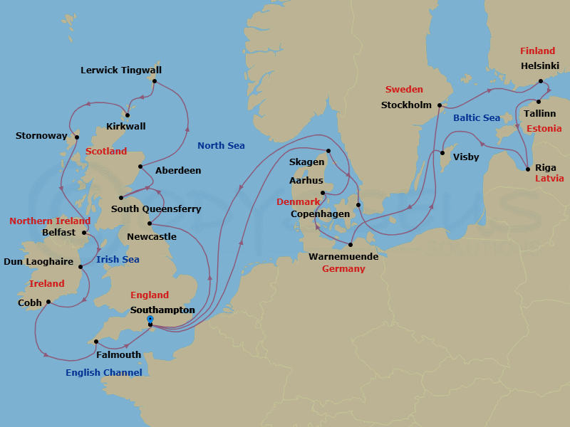 26 Night - The Crowning Jewels - Oceania Marina - Starting in London (Southampton), Newcastle UK, Edinburgh (South Queensferry), Aberdeen, Lerwick (Shetland Islands), Kirkwall (Orkney Islands), Stornoway (Hebrides), Belfast, Dublin (Dun Laoghaire), Cork (Cobh), Falmouth (Cornwall), London (Southampton), Skagen, Copenhagen, Stockholm, Helsinki, Tallinn, Riga, Visby, Sweden, Berlin (Warnemunde), Aarhus, London (Southampton) itinerary map