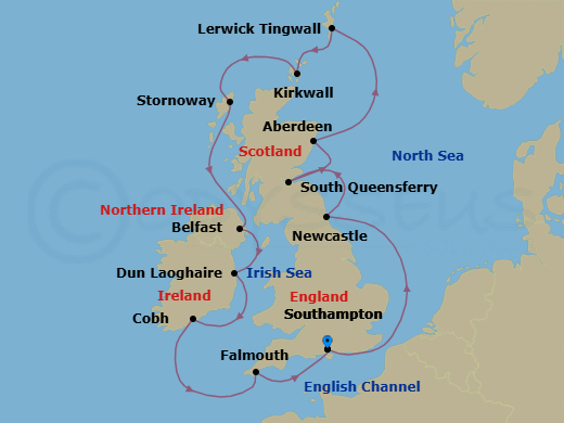 12 Night - Celtic Dreams - Oceania Marina - Starting in London (Southampton), Newcastle UK, Edinburgh (South Queensferry), Aberdeen, Lerwick (Shetland Islands), Kirkwall (Orkney Islands), Stornoway (Hebrides), Belfast, Dublin (Dun Laoghaire), Cork (Cobh), Falmouth (Cornwall), London (Southampton) itinerary map