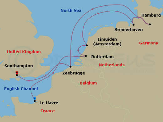 7 Night - Society Sojourn - Oceania Marina - Starting in Paris (Le Havre), Rotterdam, Ijmuiden, Hamburg (Bremerhaven), Hamburg, Bruges (Zeebrugge), London (Southampton) itinerary map