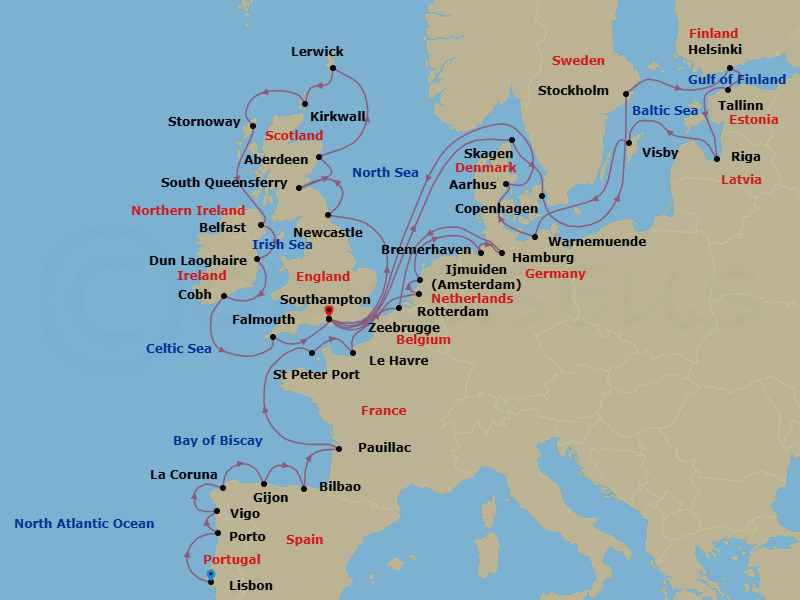43 Night - Wonders of Western Europe - Oceania Marina - Starting in Lisbon, Oporto, Santiago De Compostela (Vigo), La Coruna, Gijon, Spain, Bilbao, Pauillac (Bordeaux), St Peter Port, Guernsey, Paris (Le Havre), Rotterdam, Ijmuiden, Hamburg (Bremerhaven), Hamburg, Bruges (Zeebrugge), London (Southampton), Newcastle UK, Edinburgh (South Queensferry), Aberdeen, Lerwick (Shetland Islands), Kirkwall (Orkney Islands), Stornoway (Hebrides), Belfast, Dublin (Dun Laoghaire), Cork (Cobh), Falmouth (Cornwall), London (Southampton), Skagen, Copenhagen, Stockholm, Helsinki, Tallinn, Riga, Visby, Sweden, Berlin (Warnemunde), Aarhus, London (Southampton) itinerary map