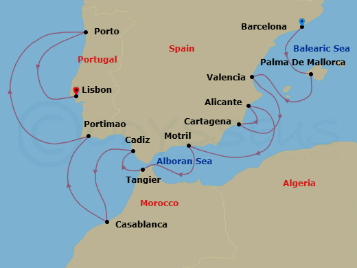 12 Night - Springtime Splendor - Oceania Marina - Starting in Barcelona, Palma De Mallorca, Valencia, Cartagena ES, Alicante, Granada (Motril), Tangier, Seville (Cadiz), Casablanca, Portimao, Oporto, Lisbon itinerary map
