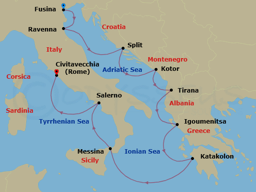 10 Night - O Sole Mio - Oceania Insignia - Starting in Venice (Fusina), Ravenna, Split, Kotor, Tirana (Durres), Igoumenitsa, Katakolon, Messina (Sicily), Salerno, Rome (Civitavecchia) itinerary map
