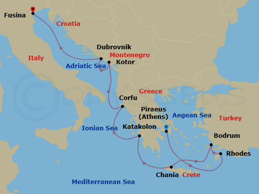 10 Night - Ruins & Romance - Oceania Insignia - Starting in Athens (Piraeus), Rhodes, Bodrum, Chania (Crete), Katakolon, Corfu, Kotor, Dubrovnik, Croatia, Venice (Fusina) itinerary map
