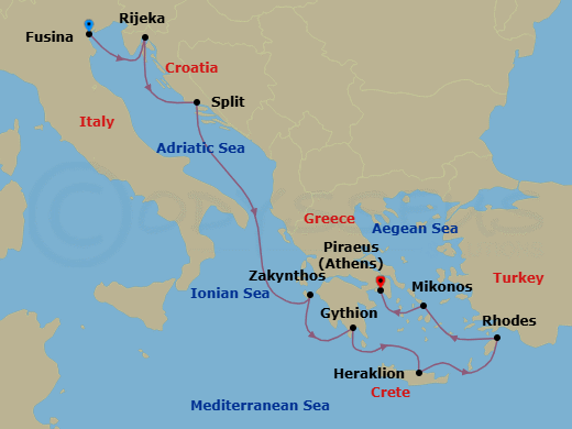10 Night - Autumn Adventure - Oceania Insignia - Starting in Venice (Fusina), Rijeka, Split, Zakynthos, Gythion, Heraklion (Crete), Rhodes, Mykonos, Athens (Piraeus) itinerary map