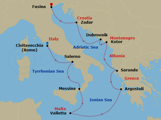 9 Night - Seascapes & Gastronomy - Oceania Insignia - Starting in Rome (Civitavecchia), Salerno, Messina (Sicily), Valletta, Argostoli (Cephalonia), Sarande, Kotor, Dubrovnik, Croatia, Zadar, Venice (Fusina) itinerary map
