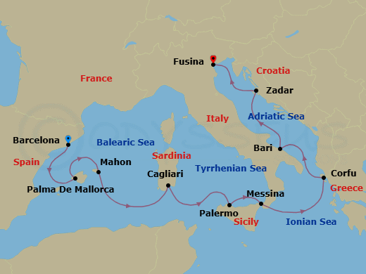 9 Night - Spring in Southern Europe - Oceania Sirena - Starting in Barcelona, Palma De Mallorca, Mahon (Menorca), Cagliari (Sardinia), Palermo (Sicily), Messina (Sicily), Corfu, Bari, Zadar, Venice (Fusina) itinerary map