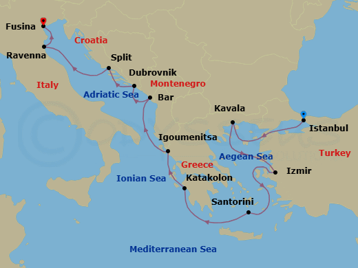 10 Night - Grand Bazaar to Gondolas - Oceania Sirena - Starting in Istanbul, Kavala / Philippi, Izmir, Santorini, Katakolon, Igoumenitsa, Montenegro, Dubrovnik, Croatia, Split, Ravenna, Venice (Fusina) itinerary map