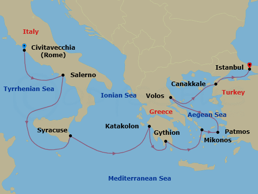 9 Night - Exploring Ancient Empires - Oceania Sirena - Starting in Rome (Civitavecchia), Salerno, Syracuse IT (Sicily), Katakolon, Gythion, Mykonos, Patmos, Volos, Canakkale (Troy), Istanbul itinerary map