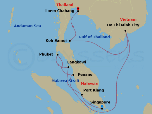 12 Night - Rhapsody in Repose - Oceania Riviera - Starting in Singapore, Kuala Lumpur (Port Klang), Langkawi, Phuket, Penang, Ho Chi Minh City (Phu My), Ko Samui, Bangkok (Laem Chabang) itinerary map