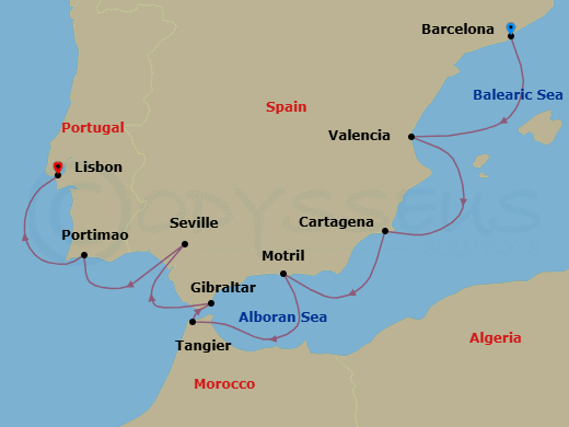 9 Night - Ferdinand's Fantasy - Oceania Sirena - Starting in Barcelona, Valencia, Cartagena ES, Granada (Motril), Tangier, Gibraltar, Seville, Portimao, Lisbon itinerary map