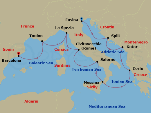 9 Night - Venetian & Roman Revelry - Oceania Sirena - Starting in Venice (Fusina), Split, Kotor, Corfu, Messina (Sicily), Salerno, Rome (Civitavecchia), Cinque Terre (La Spezia), Toulon, Barcelona itinerary map