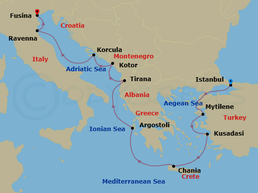 10 Night - Aegean & Adriatic Coasts - Oceania Sirena - Starting in Istanbul, Mitilini (Lesbos), Ephesus (Kusadasi), Chania (Crete), Argostoli (Cephalonia), Tirana (Durres), Kotor, Korcula, Ravenna, Venice (Fusina) itinerary map