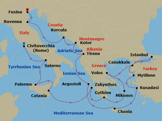 19 Night - Rome, Ruins & Gondola Rides - Oceania Sirena - Starting in Rome (Civitavecchia), Salerno, Palermo (Sicily), Catania (Sicily), Zakynthos, Gythion, Mykonos, Volos, Canakkale (Troy), Istanbul, Mitilini (Lesbos), Ephesus (Kusadasi), Chania (Crete), Argostoli (Cephalonia), Tirana (Durres), Kotor, Korcula, Ravenna, Venice (Fusina) itinerary map