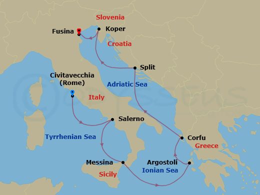 7 Night - Mount Etna to Lake Bled - Oceania Nautica - Starting in Rome (Civitavecchia), Salerno, Messina (Sicily), Argostoli (Cephalonia), Corfu, Split, Koper, Venice (Fusina) itinerary map