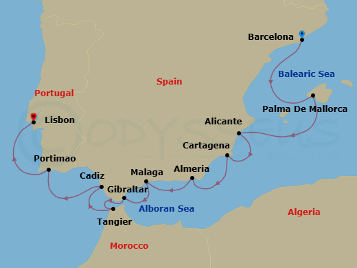 10 Night - Royal Palaces & the Rock - Oceania Nautica - Starting in Barcelona, Palma De Mallorca, Alicante, Cartagena ES, Almeria, Malaga, Gibraltar, Tangier, Seville (Cadiz), Portimao, Lisbon itinerary map