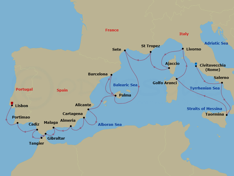 20 Night - Summer Splendor - Oceania Nautica - Starting in Rome (Civitavecchia), Salerno, Taormina (Sicily), Golfo Aranci, Florence / Pisa / Tuscany (Livorno), Ajaccio (Corsica), Saint-Tropez, Sete, Palma De Mallorca, Barcelona, Palma De Mallorca, Alicante, Cartagena ES, Almeria, Malaga, Gibraltar, Tangier, Seville (Cadiz), Portimao, Lisbon itinerary map