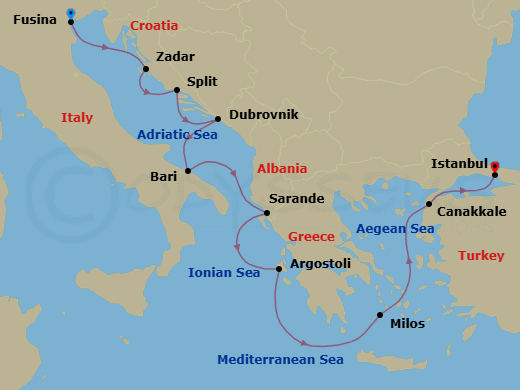 9 Night - Return to Constantinople - Oceania Sirena - Starting in Venice (Fusina), Zadar, Split, Dubrovnik, Croatia, Bari, Sarande, Argostoli (Cephalonia), Milos, Canakkale (Troy), Istanbul itinerary map