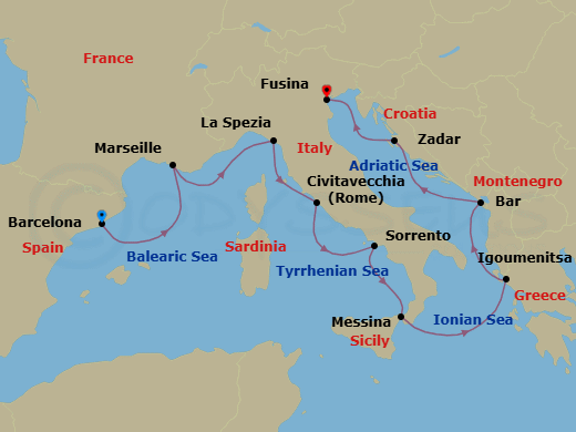 9 Night - Romantic Locales & Canals - Oceania Sirena - Starting in Barcelona, Provence (Marseille), Cinque Terre (La Spezia), Rome (Civitavecchia), Sorrento / Capri, Messina (Sicily), Igoumenitsa, Montenegro, Zadar, Venice (Fusina) itinerary map