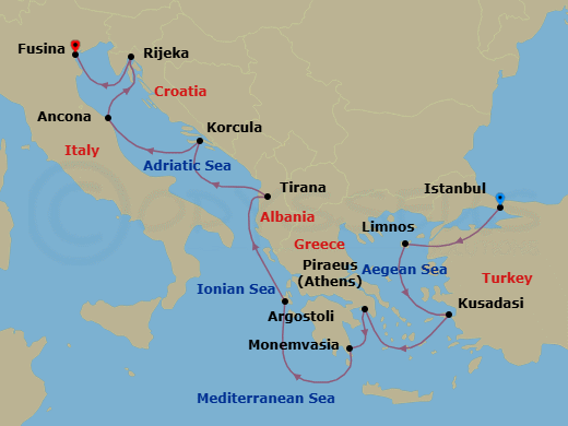 10 Night - Relics & Rivieras - Oceania Sirena - Starting in Istanbul, Limnos, Ephesus (Kusadasi), Athens (Piraeus), Monemvasia, Argostoli (Cephalonia), Tirana (Durres), Korcula, Umbria (Ancona), Rijeka, Venice (Fusina) itinerary map