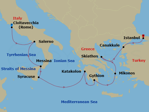 9 Night - Mysteries of History - Oceania Sirena - Starting in Rome (Civitavecchia), Salerno, Messina (Sicily), Syracuse IT (Sicily), Katakolon, Gythion, Mykonos, Skiathos, Canakkale (Troy), Istanbul itinerary map