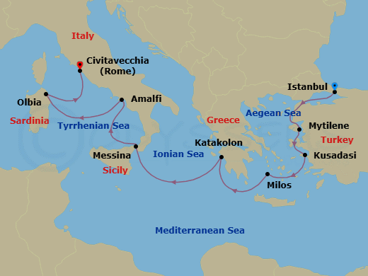 9 Night - Alluring Ancient Ruins - Oceania Sirena - Starting in Istanbul, Mitilini (Lesbos), Ephesus (Kusadasi), Milos, Katakolon, Messina (Sicily), Amalfi / Positano, Olbia / Porto Cervo (Sardinia), Rome (Civitavecchia) itinerary map