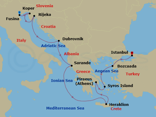 10 Night - Adriatic to Istanbul - Oceania Sirena - Starting in Venice (Fusina), Koper, Rijeka, Dubrovnik, Croatia, Sarande, Heraklion (Crete), Athens (Piraeus), Syros, Bozcaada (Troy), Istanbul itinerary map
