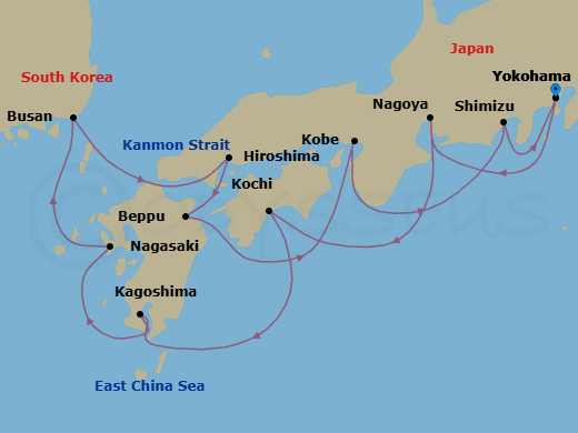 10 Night - The Shinto Way - Oceania Riviera - Starting in Tokyo (Yokohama), Nagoya, Kochi, Kagoshima, Nagasaki, Busan, Hiroshima, Beppu, Kyoto (Kobe), Shimizu, Tokyo (Yokohama) itinerary map
