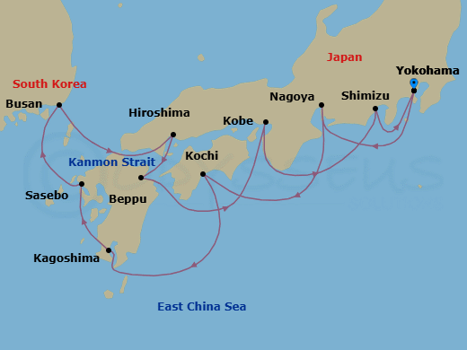 10 Night - Sumo, Sake & Samurai - Oceania Riviera - Starting in Tokyo (Yokohama), Nagoya, Kochi, Kagoshima, Sasebo, Busan, Hiroshima, Beppu, Kyoto (Kobe), Shimizu, Tokyo (Yokohama) itinerary map