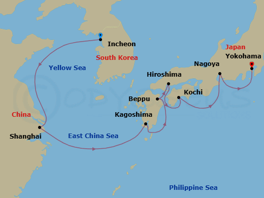 10 Night - Rickshaws & Ramen - Oceania Riviera - Starting in Seoul (Incheon), Shanghai, Kagoshima, Beppu, Hiroshima, Kochi, Nagoya, Tokyo (Yokohama) itinerary map