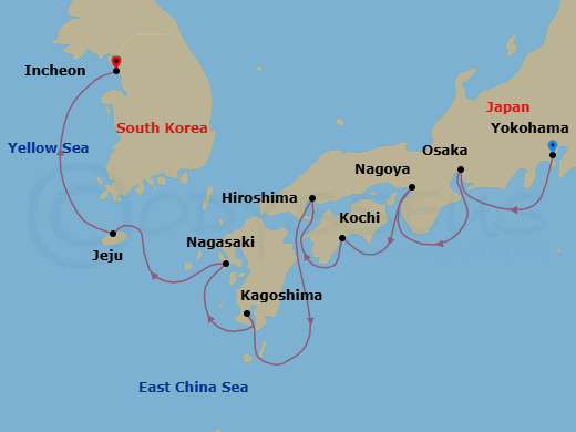 10 Night - Pathways in Radiance - Oceania Riviera - Starting in Tokyo (Yokohama), Nagoya, Osaka, Kochi, Hiroshima, Kagoshima, Nagasaki, Jeju, Seoul (Incheon) itinerary map