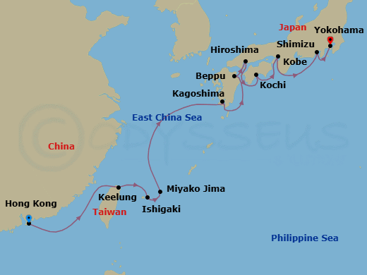 12 Night - Kimono Journey - Oceania Riviera - Starting in Hong Kong, Taipei (Keelung), Ishigaki, Miyakojima (Hirara), Kagoshima, Beppu, Hiroshima, Kochi, Kyoto (Kobe), Shimizu, Tokyo (Yokohama) itinerary map