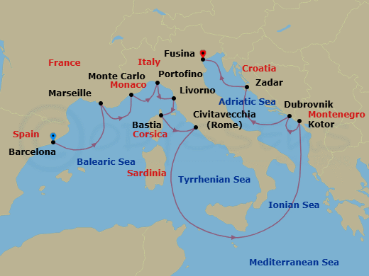 12 Night - Dalmatian Diversion - Oceania Nautica - Starting in Barcelona, Provence (Marseille), Monte Carlo, Portofino, Florence / Pisa / Tuscany (Livorno), Bastia (Corsica), Rome (Civitavecchia), Kotor, Dubrovnik, Croatia, Zadar, Venice (Fusina) itinerary map