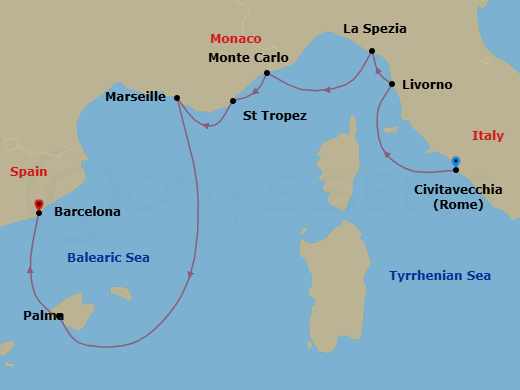 7 Night - Coastal Kaleidoscope - Oceania Nautica - Starting in Rome (Civitavecchia), Florence / Pisa / Tuscany (Livorno), Cinque Terre (La Spezia), Monte Carlo, Saint-Tropez, Provence (Marseille), Palma De Mallorca, Barcelona itinerary map