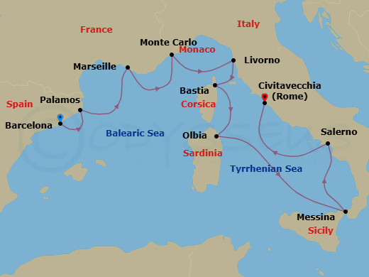 10 Night - Croissants & Cannoli - Oceania Nautica - Starting in Barcelona, Palamos, Provence (Marseille), Monte Carlo, Florence / Pisa / Tuscany (Livorno), Bastia (Corsica), Olbia / Porto Cervo (Sardinia), Messina (Sicily), Salerno, Rome (Civitavecchia) itinerary map