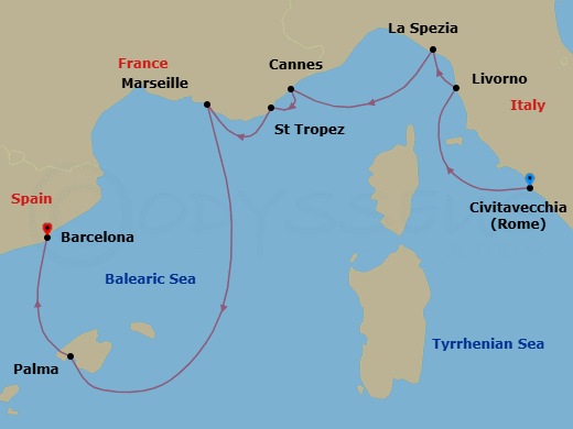 7 Night - Regards from the Riviera - Oceania Nautica - Starting in Rome (Civitavecchia), Florence / Pisa / Tuscany (Livorno), Cinque Terre (La Spezia), Cannes, Saint-Tropez, Provence (Marseille), Palma De Mallorca, Barcelona itinerary map
